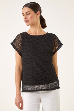 Roman Black Lace Overlay Stretch Top