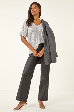 Silver Sequin Embellished V-Neck Top