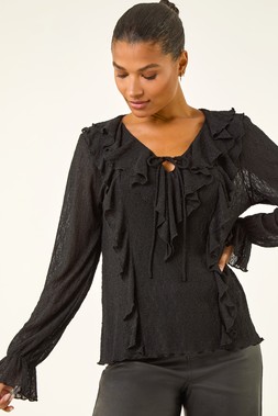 Roman Black Lace Ruffle Front Top