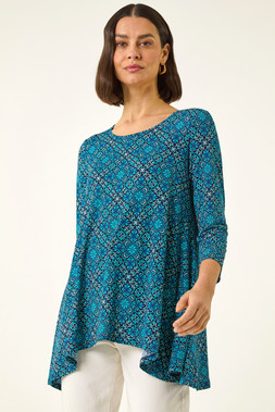 Roman Blue Printed Hanky Hem Tunic Top