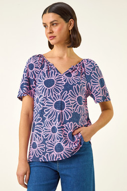 Roman Pink Textured Floral V-Neck Stretch Top