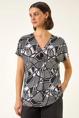 Roman Black Abstract Print V-Neck Stretch Top