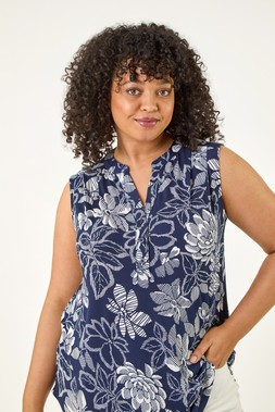 Curve Navy Floral Puff Print Stretch Vest