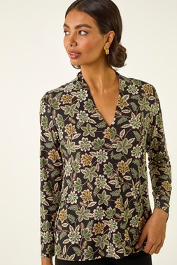 Green Floral Print V-Neck Top