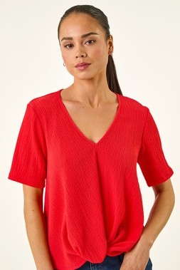 Petite Red Textured Twist Hem Top