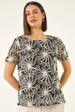 Roman Black Textured Print Detail Top