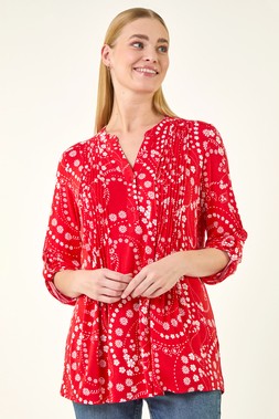 Roman Red Ditsy Print Pintuck Stretch Shirt