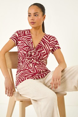 Roman Petite Wine Zebra Print Twist Front Top