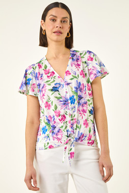 Roman Blue Floral Print Tie Front Top