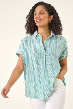 Roman Stripe Pleated Neck Top
