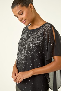 Roman Black Asymmetric Embellished Overlay Top