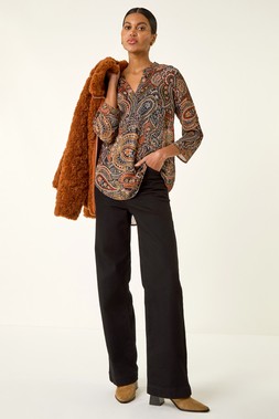 Roman Orange Paisley Print V-Neck Chiffon Top