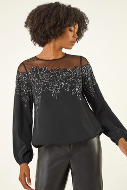 Roman Black Sequin Detail Bubble Hem Top