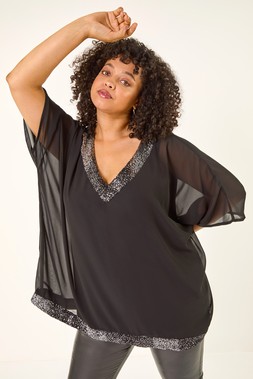 Roman Curve Black Sequin Trim V-Neck Kaftan