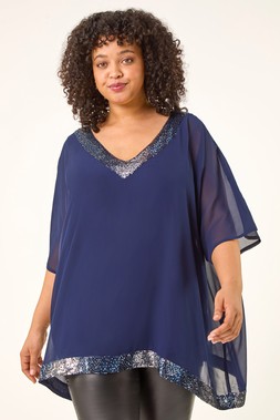 Roman Curve Midnight Blue Sequin Trim V-Neck Kaftan