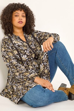 Roman Curve Black Floral Woven Tunic Top
