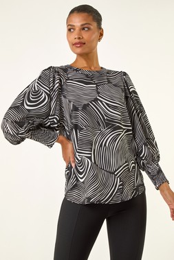 Roman Black Linear Abstract Print Top