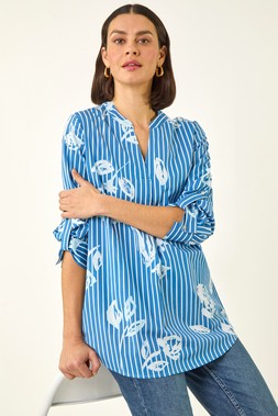 Roman Blue Floral Stripe Pleated Top
