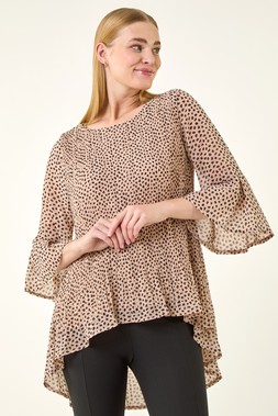 Roman Beige Spot Print Pleated Tunic Top