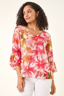 Roman Pink Abstract Floral Flare Sleeve Top