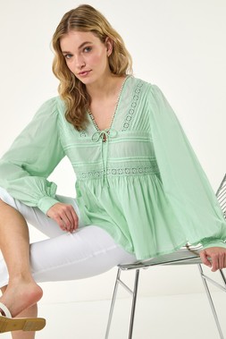 Dusk Mint Cotton Lace Pintuck Top