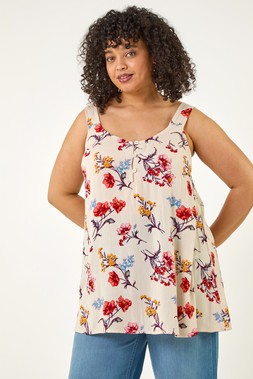 Roman Curve Beige Ditsy Floral V-Neck Top