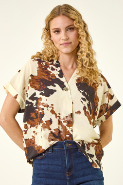 Roman Cow Print Pleat Front Top
