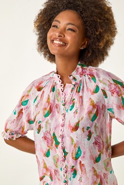Roman Pink Abstract Print Trim Detail Blouse