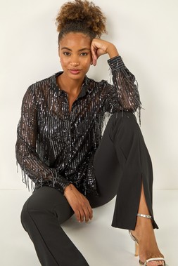 Roman Dark Grey Sequin Tassel Stretch Shirt