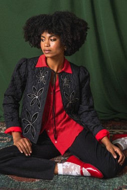 Roman Black Quilted Velvet Trim Jacket