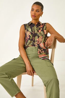 Roman Floral Border Print Button Blouse