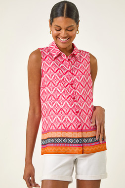 Roman Geo Border Print Button Blouse