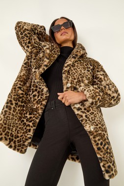 Roman Petite Brown Leopard Faux Fur Coat