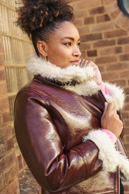 Roman Burgundy Contrast Faux Leather Aviator Coat