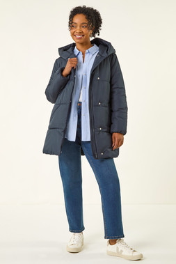 Roman Petite Navy Hooded Quilted Puffer Coat