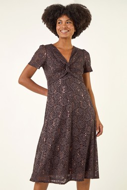 Roman Chocolate Sequin Lace Twist Front Midi Dress