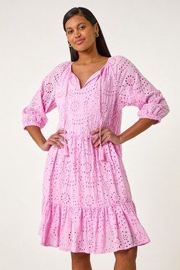 Roman Pink Cotton Broderie Tiered Smock Dress