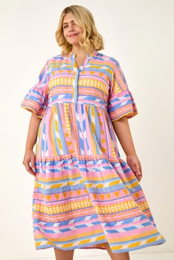 Roman Curve Yellow Stripe Print Boho Tiered Dress