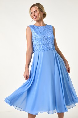 Roman Petite Blue Lace Top Overlay Midi Dress