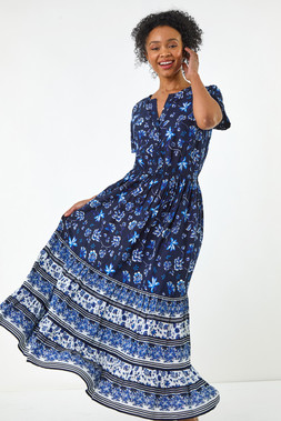 Roman Petite Navy Floral Print Midi Dress