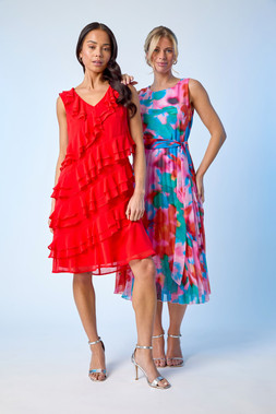 Roman Petite Pink Abstract Print Pleated Midi Dress & Roman Petite Orange Plain V-Neck Ruffle Dress