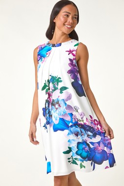 Roman Petite Ivory Gathered Neck Hotfix Dress