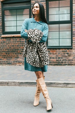 Roman Petite Blue Collared Knit Shift Dress