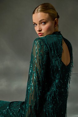 Roman Dusk Green All Over Fringe Shift Dress