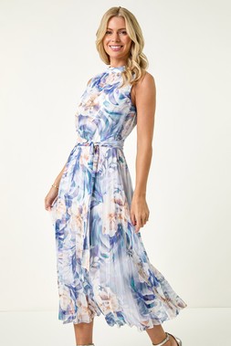 Roman Petite Blue Floral Pleated Halter Neck Midi Dress