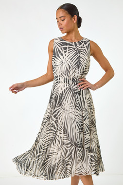Roman Petite Black Leaf Print Pleated Midi Dress