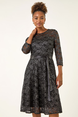 Roman Black Metallic Lace Stretch Dress