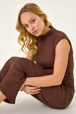 Roman Dusk Chocolate Ribbed Ruched Waist Midi Dress
