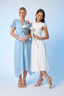Roman Petite White Gathered Neck Jacquard Dress & Roman Petite Blue Front Twist Jacquard Dress