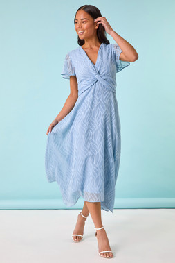 Roman Petite Blue Front Twist Jacquard Dress